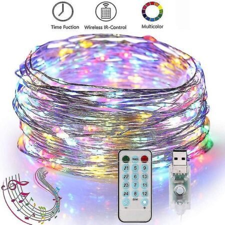 100 Λαμπάκια LED USB 10μ Με 10 ΠΡΟΓΡΑΜΜΑΤΑ Μουσικης Πολυχρωμα σε Σειρά με Διαφανές Καλώδιο και τηλεχειριστηριο OEM