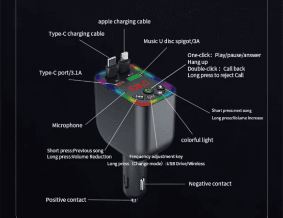 Transmitter αυτοκινήτου Bluetooth με 2 καλώδια φόρτισης - Y5 - 811763 - Image 2