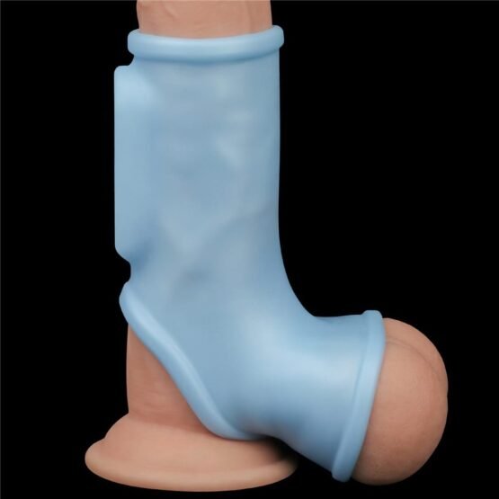 Vibrating Silk Knights Ring with Scrotum Sleeve Blue - Image 3
