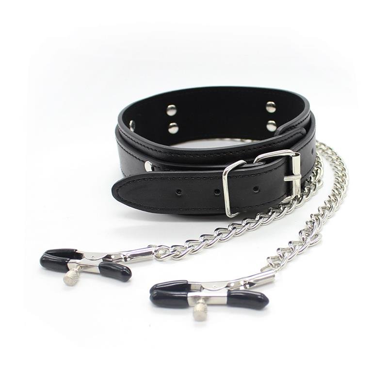 Collar with Nipple Clamps and metal Chain Black - Image 2