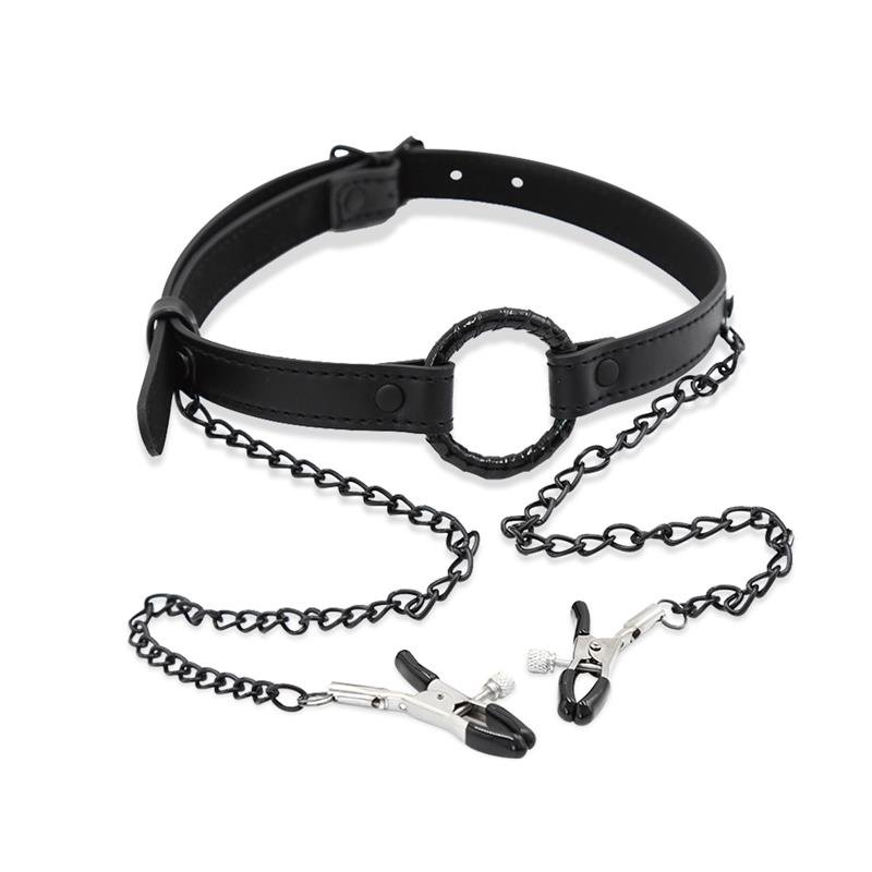 O Ring Gag and Nipple Clamps Vegan Leather - Image 2