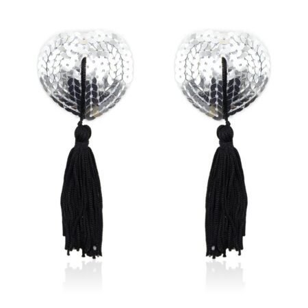 Self-Adhesive Heart Sequin Nipple Cover with Tassel Silver/Black