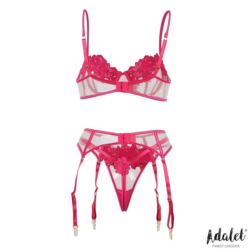 Nora bra, thong, and garter belt Set with Flowers Fuchsia - Image 3