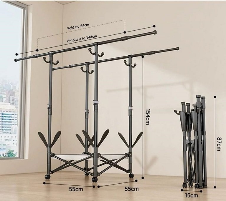 Πτυσσόμενη κρεμάστρα δαπέδου & απλώστρα ρούχων τροχήλατη - SG202604 - 282227 - Black - Image 2