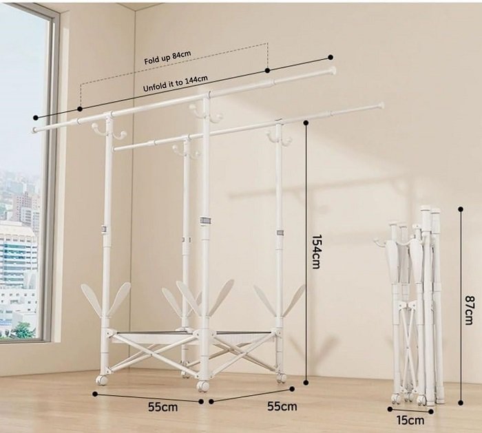 Πτυσσόμενη κρεμάστρα δαπέδου & απλώστρα ρούχων τροχήλατη - SG202604 - 282227 - White - Image 2