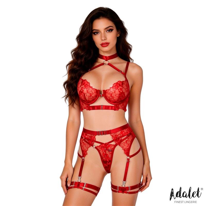 Hyacinth Bra Garter Set and Thong Red
